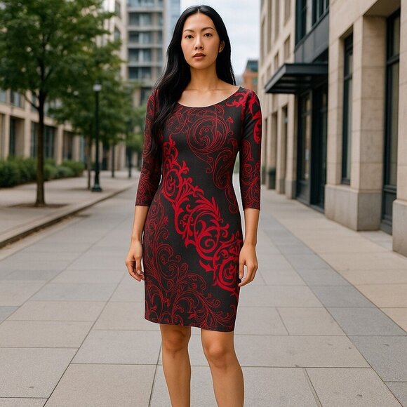 New York & Company Gothic Black Red Long Sleeve Midi Dress Small Whimsigoth 90s - Picture 1 of 7